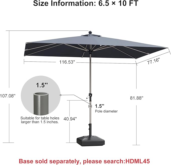PURPLE LEAF 6.5' x 10' Rectangle Outdoor Umbrella for Patio with Tilt Adjustment, Patio Table Umbrella for 3 Year Fade Resistant, Aluminum Pool Market Umbrella for Deck Garden, Patio, or Lawn