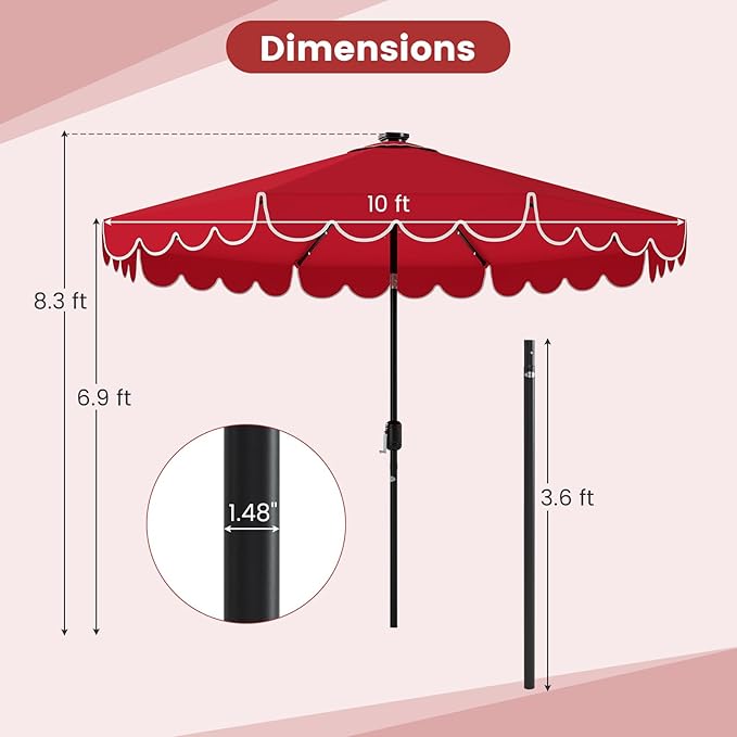 HAPPYGRILL 10 FT Patio Umbrella with Solar Lights, Market Sunshade with Ruffles, Vented Top, Tilt Adjustment & Built-in Crank, Outdoor Parasol Canopy for Backyard Poolside Deck Beach Lawn
