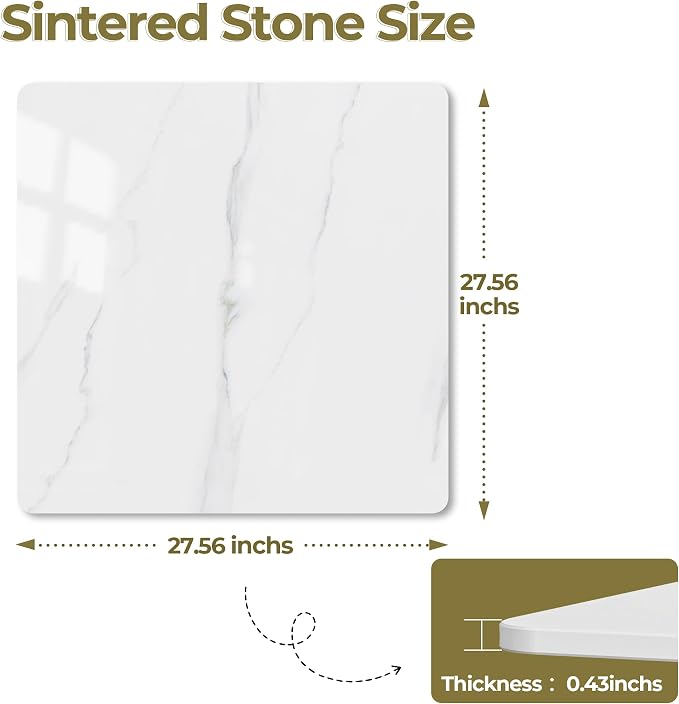 Square Table Top, 27.5” White Sintered Stone Tabletop, DIY Replacement & Cover Marble Desktop, Scratch & Wear Resistant, Suitable for Indoor & Outdoor
