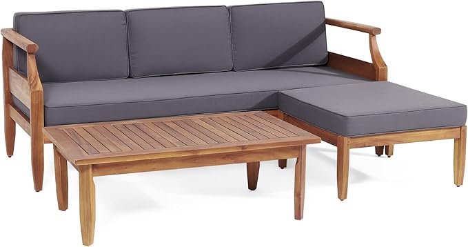 Christopher Knight Home Aston Outdoor 3 Seater Sofa Chat Set with Ottoman - Acacia Wood - Teak/Dark Gray
