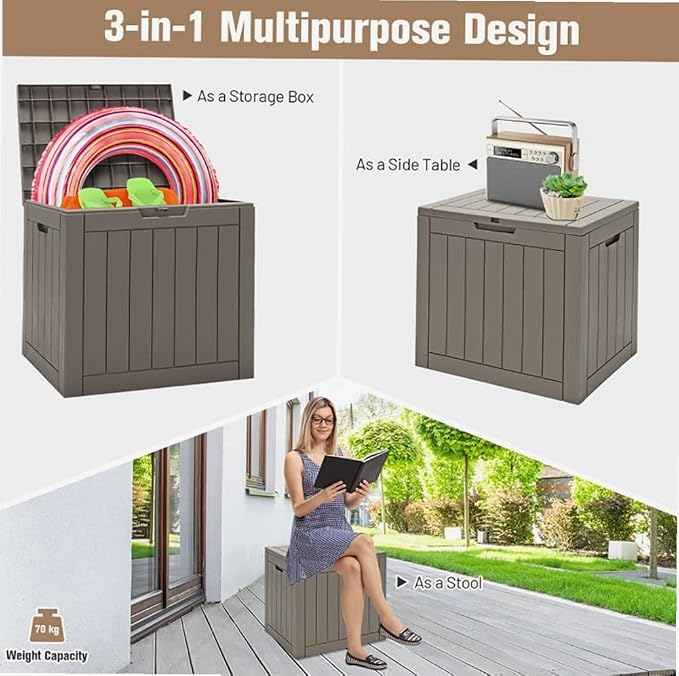 Light Brown 30-Gallon PP Woodgrain Deck Box Outdoor Storage Seat with Waterproof Lid, 22x17x21in for Patio