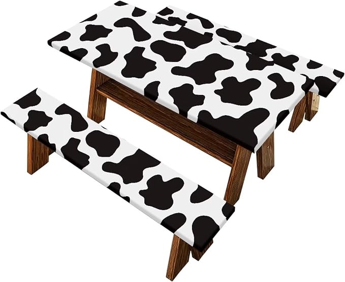Cow Print Fitted Picnic Table Cover with Bench Covers Abrasion Resistant Picnic Table Cover Dustproof Waterproof 3 Piece Picnic Table Cover Set Fits Rectangular Tables and Seats 94x30 Inches