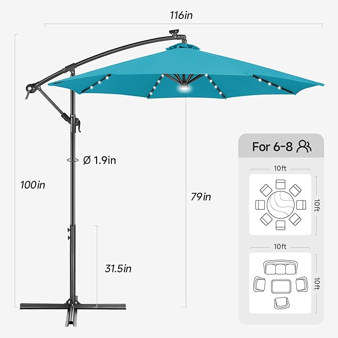 Solar Offset Patio Umbrella - 10 FT Solar Cantilever Umbrella Outdoor with 40 LED Lights and Cross Base, UV Protection for Garden, Deck, Backyard, Pool, Porch, Aqua Blue