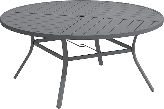 DIFY 59.8" Round Outdoor Patio Dining Table for 8-10, All-Weather Metal Steel Slatted Patio Table with 1.57" Adjustable Umbrella Hole for Garden, Backyard, Deck, Grey