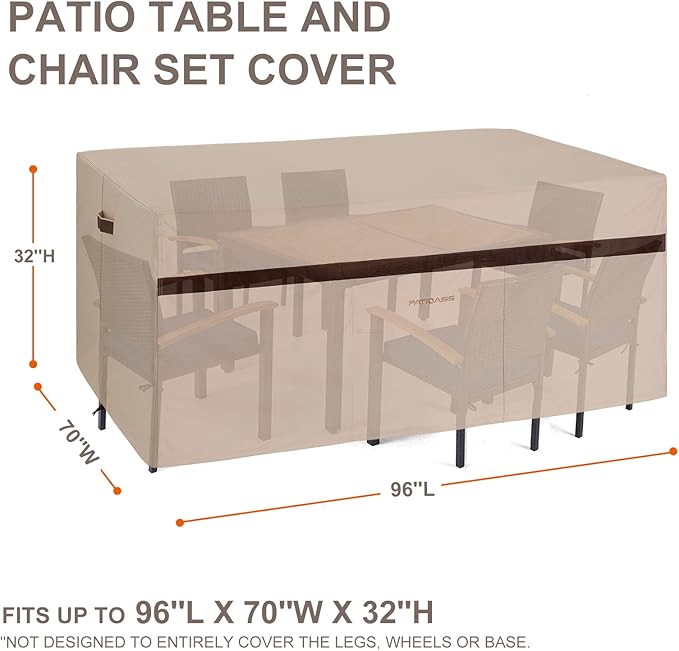 Patio Furniture Table and Chair Covers, 600D Tough Oxford Rectangular Outdoor Table Cover, 96 inch Long Rectangle Outdoor Picnic Table Cover Waterproof