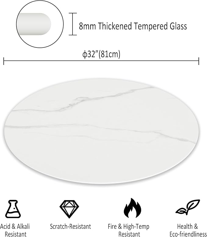 32" Round Tempered Glass Table Top, Marble Glass Surface Protector Heat & Scratch Resistant Multipurpose for Dining, Coffee, Restaurant, Office and End Table (White Marble Pattern, 32 Inch)