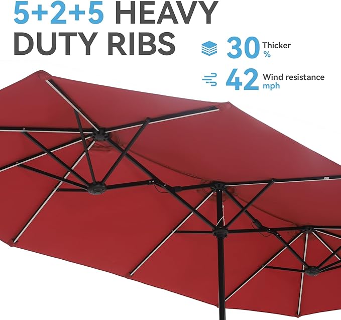 GREEN PARTY 13ft Outdoor Patio Umbrella with Solar Lights, 120 LED 12-Mode Large Double Sided Rectangular Table Umbrella, Heavy Duty Triple-Head Shade for Backyard Deck & Poolside, Burgundy(No Base)