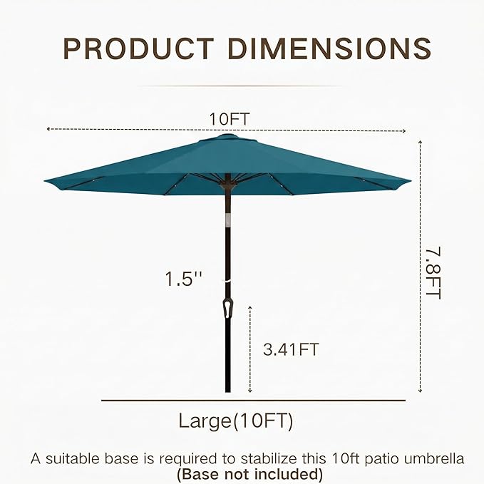 Kingdura 10FT Outdoor Patio Umbrella with Solar Lights, Market Table Umbrella with Push Button Tilt & Crank, 8 Sturdy Ribs, 32 LED Lights, UV Protection for Garden Lawn Deck Backyard Pool (Lake blue)