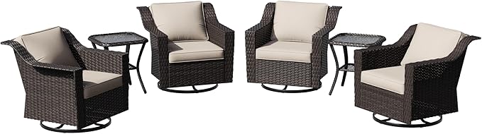 6 Pieces Patio Conversation Furniture Set - 4 Swivel Chairs, 2 Side Tables, Outdoor Wicker Furniture with Removable Cushions for Porch, Sunroom (Beige)