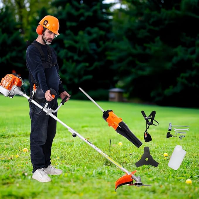 Weed Wacker Gas Powered, 52cc 2-Stroke Gas Weed Eater, 3 in 1 Blower, String Trimmer with 10’’ Brush Cutter,Rubber Handle & Shoulder Strap Included (Orange)