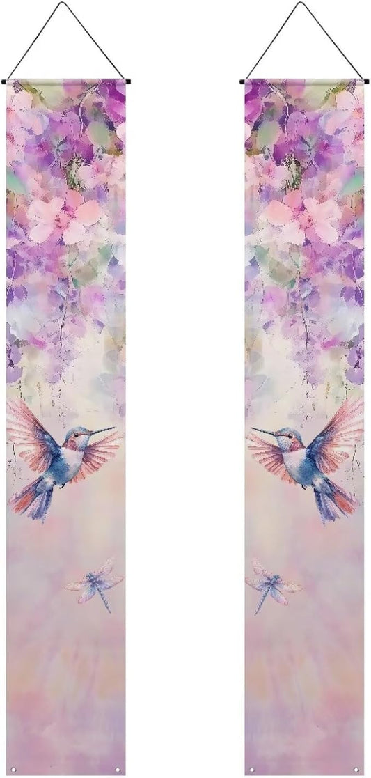 Hummingbird Front Door Hanging Banner Wildflower Spring Porch Sign Hanging Flag Porch Sign for Front Door Outdoor Seasonal Holiday Wedding Yard Decor Farmhouse Indoor Wall Backdrop