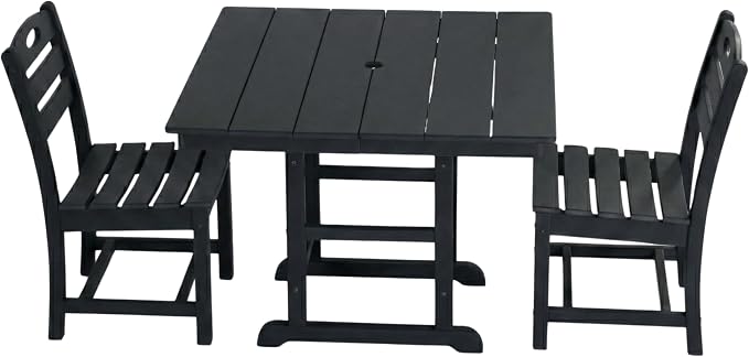 WILLIAMSPACE 37.8" Outdoor Patio Dining Set with 2 Armless Chairs, All Weather HDPE Square Dining Table with Umbrella Hole, Patio 3-Piece Bistro Set for Backyard, Balcony, Lawn, Kitchen (Black)