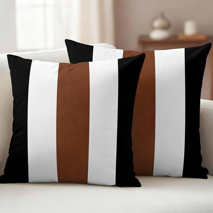 Boho Black Outdoor Waterproof Throw Pillow Covers Set of 2, 26"x26", Brown and White Striped Tribal Farmhouse Style Decorative Pillow Covers Outside Cushion Case for Patio Porch Garden