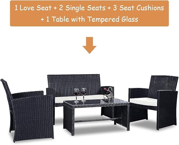LDAILY LUARANE 4-Piece Rattan Sofa Set w/Soft Weather Resistant Cushions and Tempered Glass Tabletop, Outdoor Patio Furniture Set for Garden, Poolside, Weaving Rattan Conversation Sofa