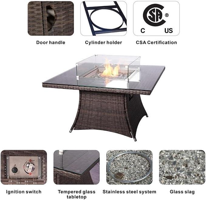 Brown Rattan 4 Seat Square Gas Fire Pit Set with Dining Chairs