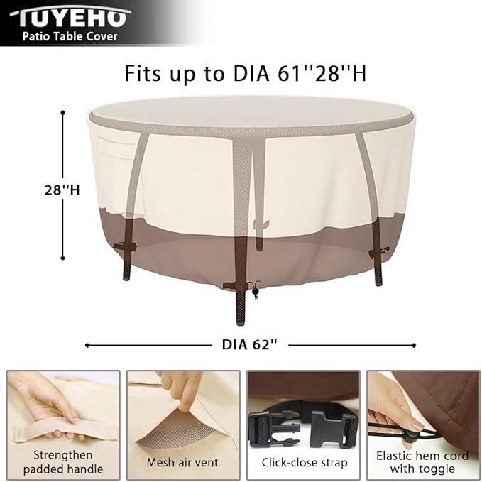 Tuyeho Round Patio Furniture Cover, Durable Oxford Fabric for Outdoor Round Table, Waterproof, UV & Rip Resistant Patio Table and Chairs Set Cover, 62"DIA x 28"H Beige & Brown