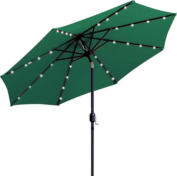 Sun-Ray 9' Round Patio Umbrella with 32 Solar Powered LED Lights, Push-Button Tilt and Hand Crank Lift, Solar Umbrella in Hunter Green for Porch, Deck, and Patio