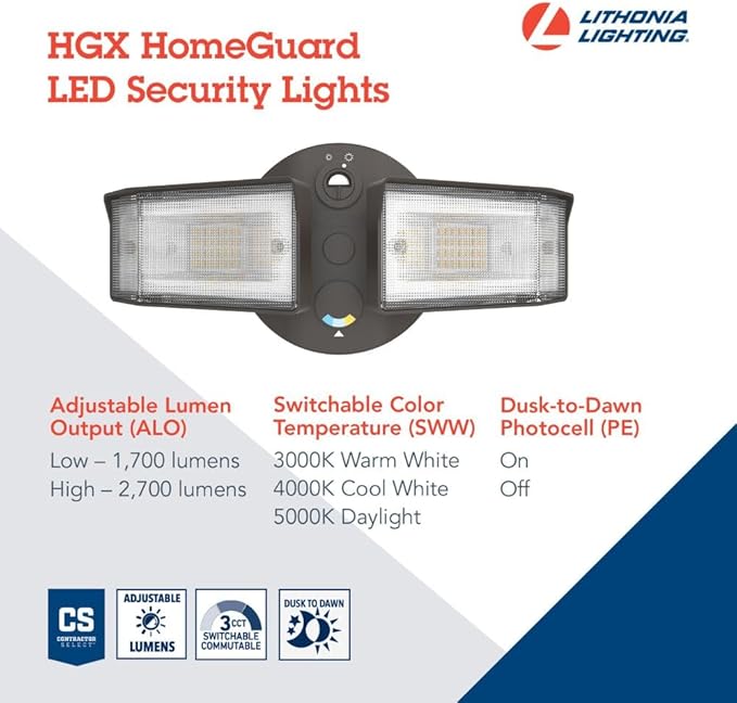 Lithonia Lighting HomeGuard 2-Light LED Outdoor Flood Lights, Outdoor LED Lights, Dusk to Dawn Sensor, Adjustable Lumens, Selectable Color, Square Heads, Dark Bronze (HGX LED 2SH ALO SWW2 120 PE DDB)
