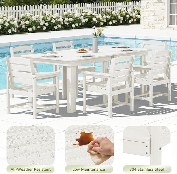 KINGYES 8-Piece HDPE Outdoor Dining Set for 6, Square Patio Table & Armchairs with Umbrella Hole, All-Weather Patio Dining Set for Backyard, Garden, Lawn & Poolside, White
