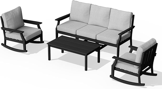 HDPE Patio Conversation Set, 6-Piece All Weather Outdoor Furniture Set with 2 Single Rocking Armchairs for Deck, Lawn, with Cushion, Black