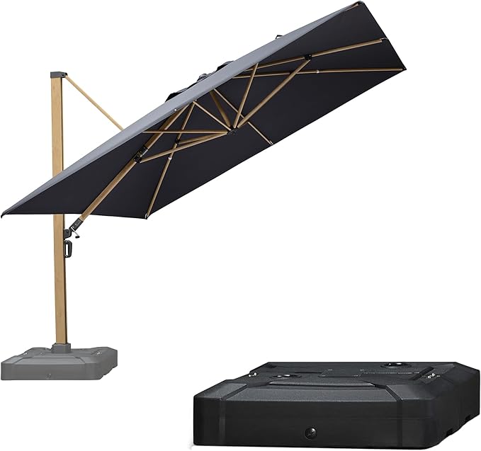 PURPLE LEAF 11FT Patio Umbrella With Base Square Cantilever Umbrella Teak Finished Aluminum Frame Large Windproof Offset Outdoor Sun Umbrellas for Beach Pool Deck, Grey