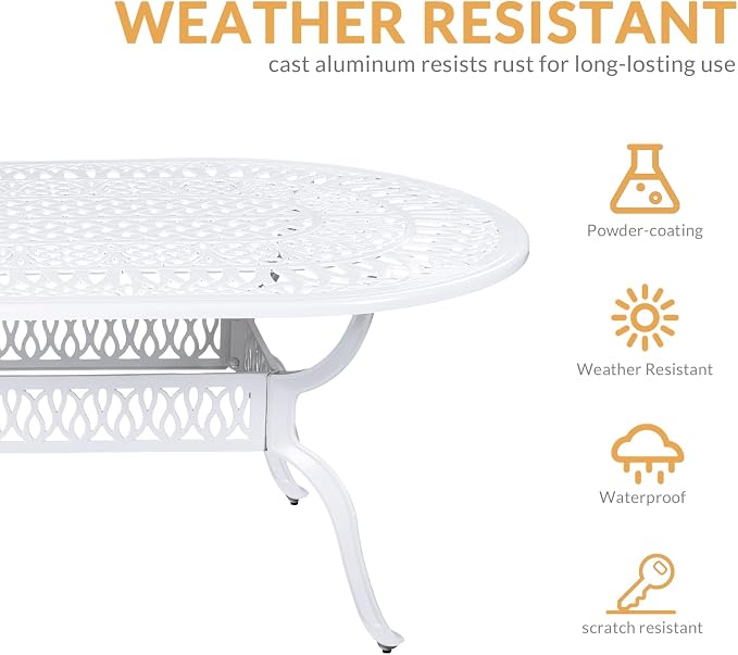 9-Piece Patio Dining Set, Outdoor Patio Table and Chair Set of 84” Oval Cast Aluminum Dining Table with Umbrella Hole, 6 Stationary, 2 Swivel Rocker Chairs, Patio Funiture Set, White