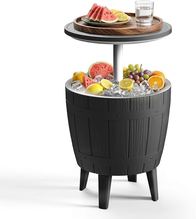 ROJIK 3-in-1 Resin Ice Bucket & Beverage Cooler – Wood Look Patio Table, UV Protection & Drain Plug for Outdoor Parties, Bars, and Poolside Use