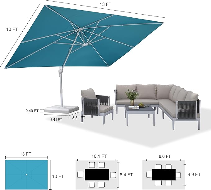 PURPLE LEAF 10' × 13' Patio Umbrella With Base White Cantilever Umbrella Square Outdoor Offset Umbrella Windproof with 360° Rotation for Garden Deck Pool, Turquoise