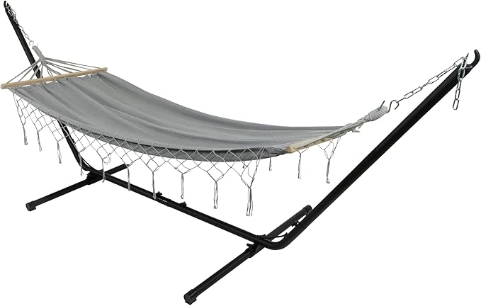 Hammock with Netted Fringe and Wooden Bars - 100" x 41" - Gray