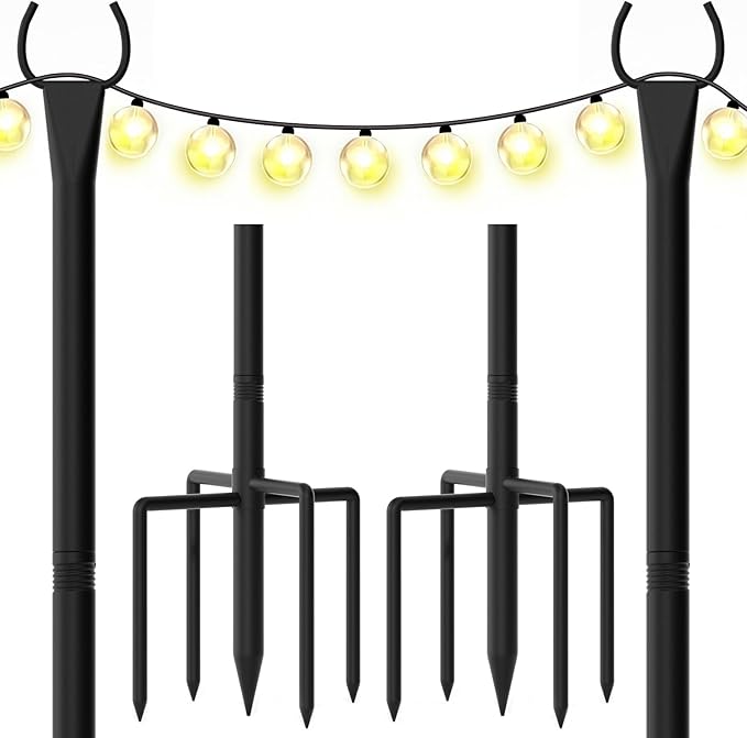 String Light Poles for Outside, 10ft Outdoor Poles for String Lights, Heavy Duty Stepped-in 5-Prong Base Light Pole for Backyard, Patio, Garden, Wedding & Party Decor (2 Pack)