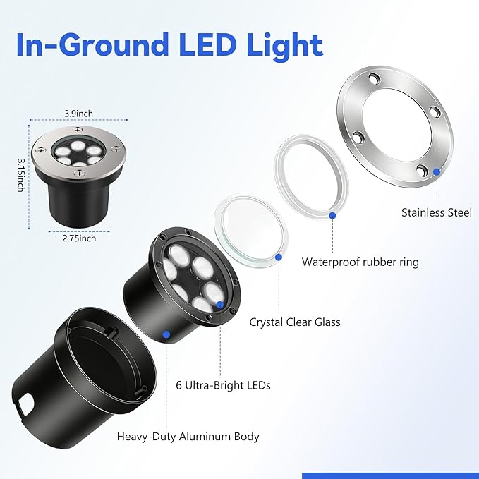 JESLED Low Voltage Landscape Lights, 6W LED Well Lights IP67 Waterproof, 6000K Bright White In-Ground Lights with Wire Connectors for Pathway, Deck, Patio, Yard, Garden (12 Pack)