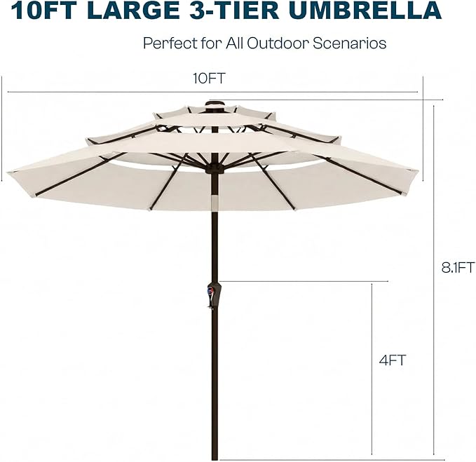 10ft Patio Umbrella, 3 Tier Outdoor Market Table Umbrellas with 8 Fiberglass Ribs and Push Button Tilt, Windproof, Vented Canopy, UV Protection for Deck, Pool, Backyard