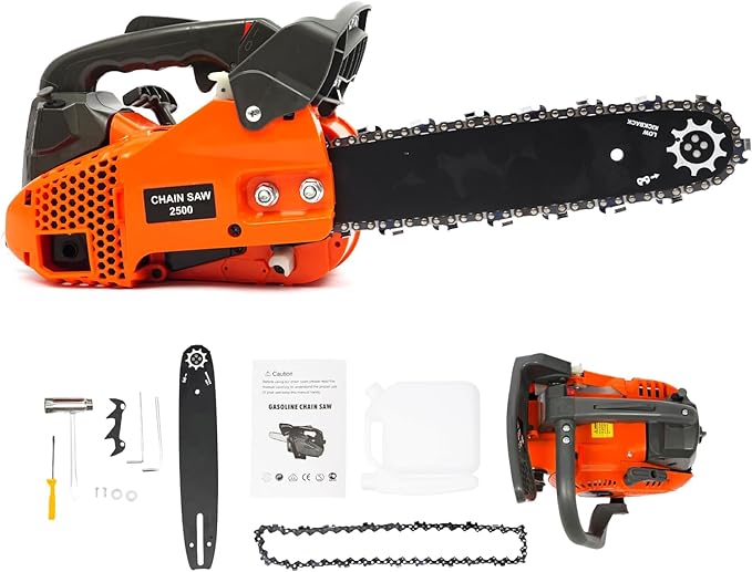 25.4CC 2-Cycle Top Handle Chainsaw Gas Chainsaws, 11.8 Inch Gas Powered Petrol Handheld Cordless Gasoline Chain Saw w/Safety Lock & Automatic Return Switch for Wood Pruning, Tree Stump Trimming