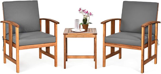 Tangkula 3 Pieces Patio Furniture Set, Includes Set of 2 Outdoor Acacia Wood Cushioned Chairs and Coffee Table, for Garden, Backyard, Poolside, Bistro and Deck, Patio Conversation Chat Set (Gray)
