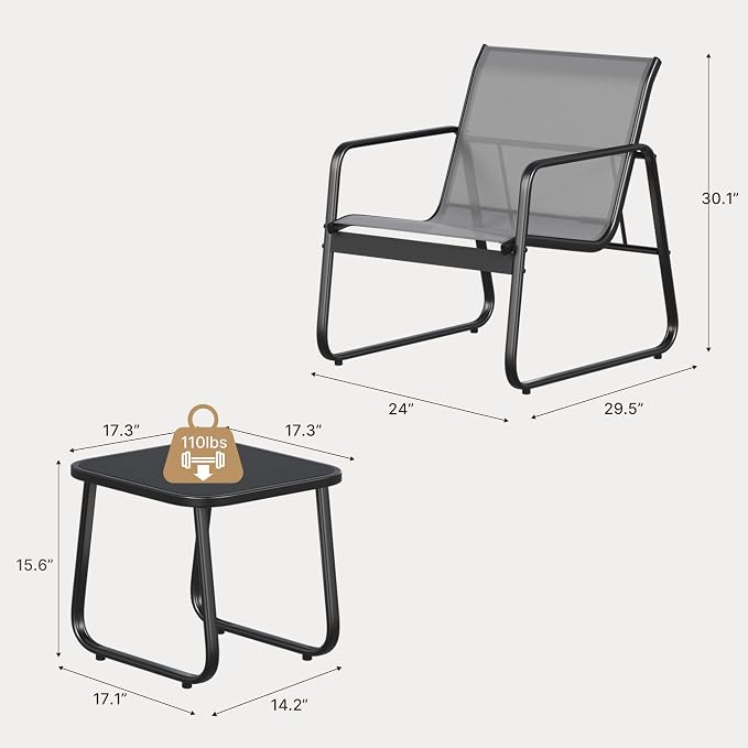 Gizoon Patio Chairs Set of 2, 3 Piece Patio Furniture Set, Bistro Sets,with Textilene Fabric, Metal Frame Coffee Table, Outdoor Chairs Set, for Balcony, Backyard,Lawn, Garden, Poolside, Grey