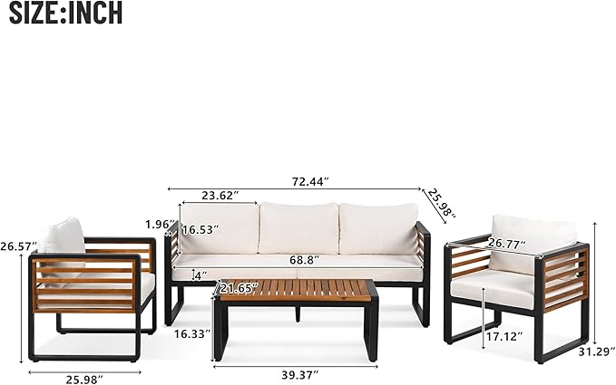 4-Pieces Outdoor Patio Sectional Sofa Set with Coffee Table, All-Weather 5 Person Conversation Set with Thick Cushions and Pillows for Garden Backyard Balcony, Acacia Wood Tabletop (Beige-N74)