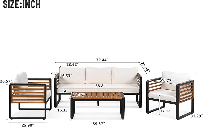 SOFTSEA 4-Piece Outdoor Patio Furniture Set, Acacia Wood Patio Conversation Set with Coffee Table, All-Weather Patio Sofa Set with Thick Cushions & Sturdy Metal Legs for Backyard Garden Balcony, Beige