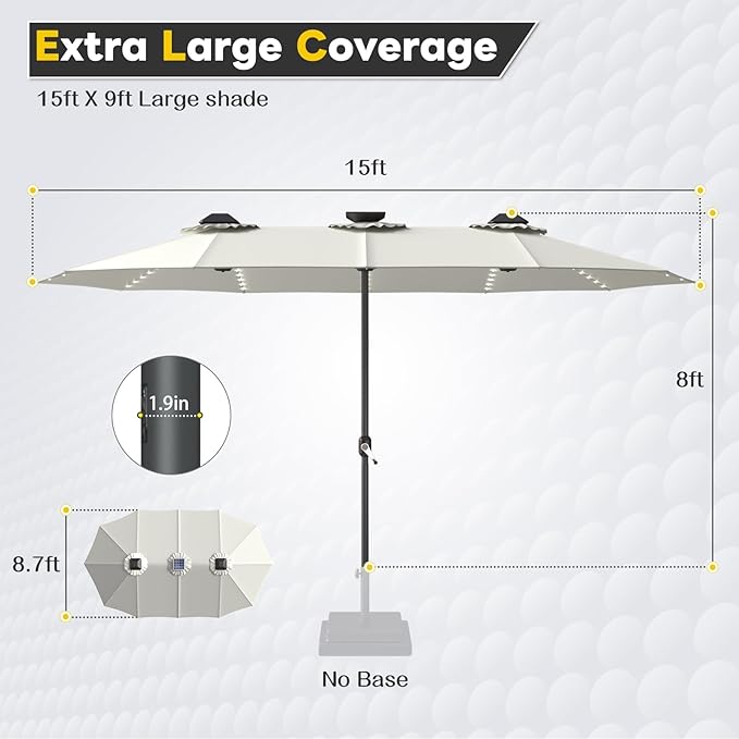AECOJOY 15ft Patio Umbrella with Solar Lights, Outdoor Large Patio Umbrella with Crank Handle and 156 PCS LED Lights, Rectangular Market Umbrella for Backyard Deck Pool in Beige(1.9" Pole)