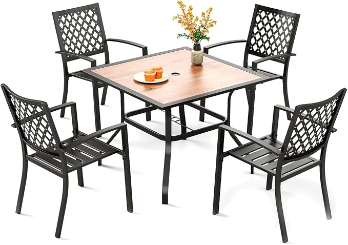 PHI VILLA Patio Dining Set for 4,4 Stackable Chairs&37" Square Metal Table | 37" Square Metal Table with Polywood Top & Stackable Wrought Iron Chairs, Outside Furniture for Patio, Deck, Porch, Backyard