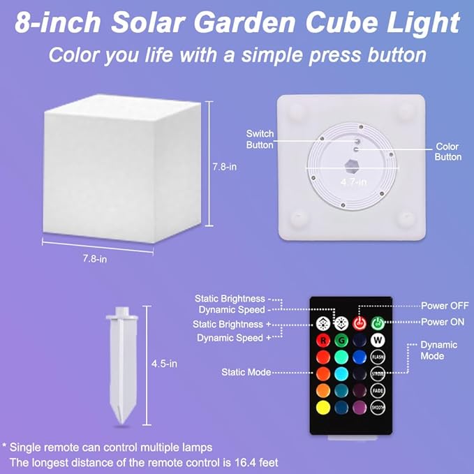 8-in Garden Solar Cube Light Outdoor, Waterproof Solar Cube Lamp for Outside w/Remote, 16 RGB Color 4 Mode Glow Tesseract Cosmic Cubes, Illuminate Cubes Mood Lamp w/Ground Stake for Patio Yard Pathway