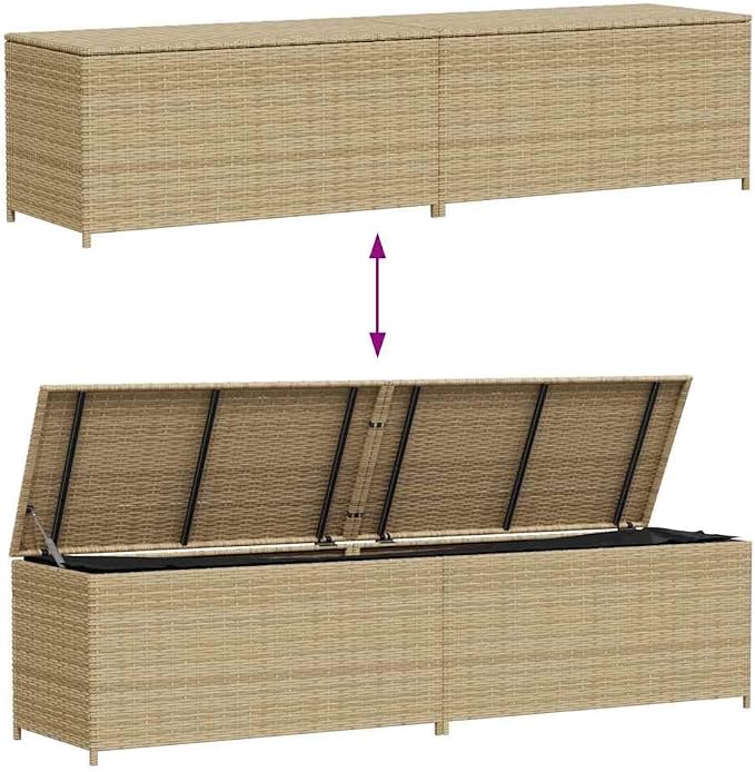Garden Storage Box 123.9 Gal Poly Rattan Mix Beige with Waterproof Bag and Gas Spring for Patio Cushions Pillows Blankets