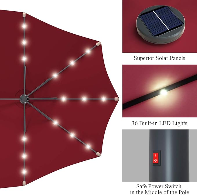 Tangkula 15 Ft Double Sided Patio Umbrella with Solar Lights, Extra Large Rectangle Outdoor Umbrella with 36 LED Lights & Crank Handle for Deck, Poolside, Garden, Backyard (Burgundy)