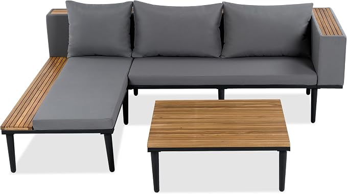 JIVOIT Acacia Wood Patio Furniture Set, Luxury Outdoor Conversation Sectional Sofa with Removable Cushions and Coffee Table, Side Table, L-Shaped Sofa Set for Backyard, Porch (Gray/17)