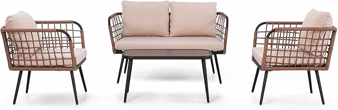LAUSAINT HOME 4 Pieces Outdoor Patio Furniture Set, Rattan Balcony Furniture with Coffee Table, Patio Conversation Set with Soft Cushions for Patio, Porch, Balcony and Backyard