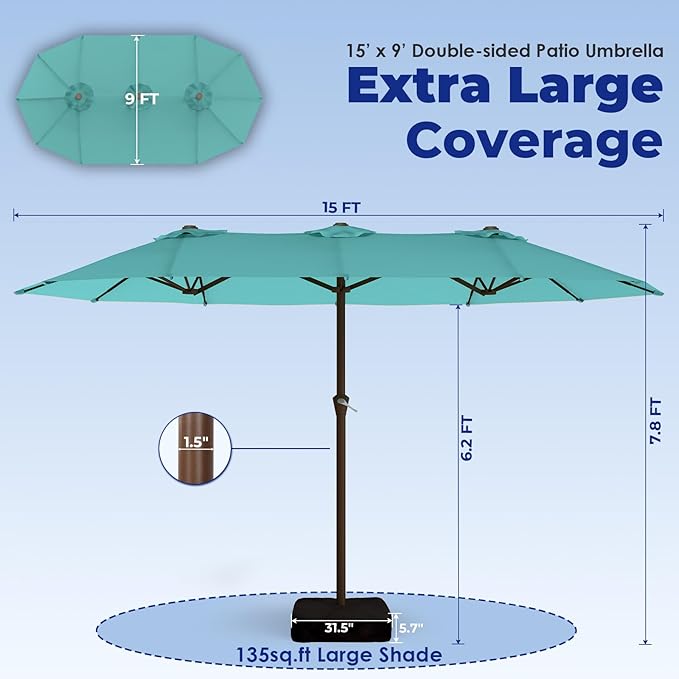 BRIOPAWS 15-FT-Large-Patio-Umbrella-with-Base | Double-Sided | Outdoor Table Umbrellas | w/Crank Handle | 12 Sturdy Fiberglass Rib | UV-Protection | for Garden Deck Backyard Pool | Peacock Blue