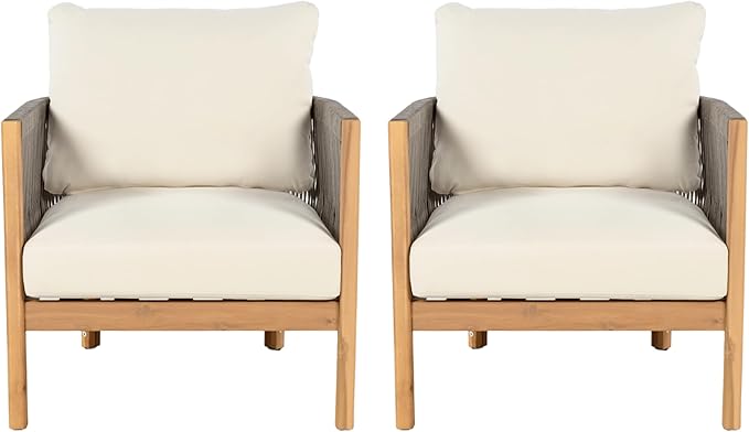 Christopher Knight Home Havets 5 Pieces Outdoor Acacia Furniture Set, Woven Rope Loveseat and Accent Club Chairs, 6" Thick Cushions Sofa and Coffee Table Set for Backyard Garden Balcony, Gray+Beige