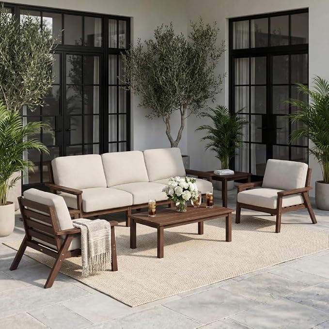 7 Piece HDPE Outdoor Furniture Set with Beige Cushions (Brown Frame) | All-Weather HDPE, Modular Design, Extra-Deep Seating, Thick Cushions, Ideal for Backyard, Deck & Porch