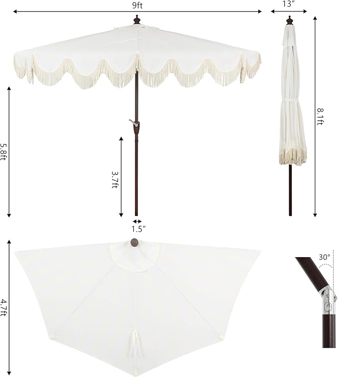JONATHAN Y Beverly 9 ft. Coastal Cream and White Striped Half Patio Umbrella with Scalloped Fringe, Crank Lift, and Manual Tilt for Balcony, Dark Brown Pole UMB1201D