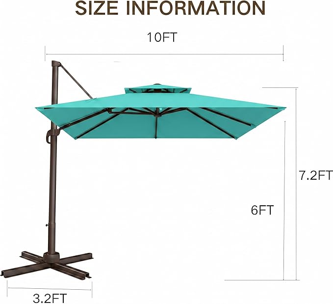 Kingdura Cantilever Patio Umbrella with Double Top Vent, Large Square Aluminum Outdoor Offset Umbrella with 360-degree Rotation, Infinite Tilt, UV Protection for Pool Deck Garden Patio