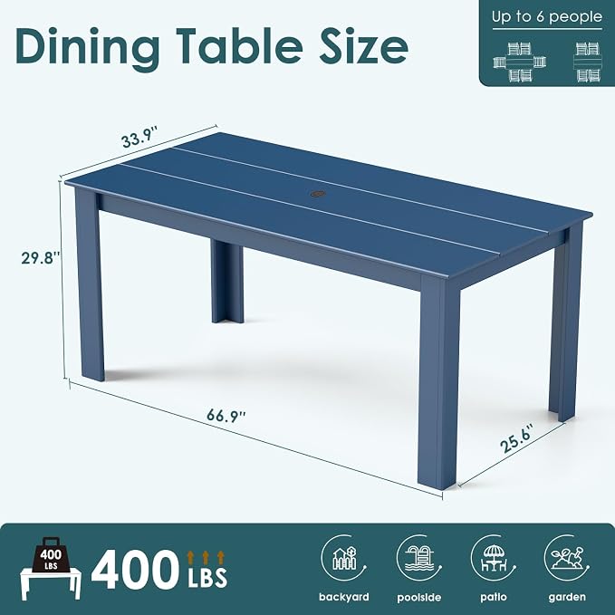 IVY&LANE Outdoor Dining Table | HDPE | 67’’ Rectangle Tables | Blue | All Weather | Umbrella Hole | Patio Furniture | for Poolside Lawn Garden Backyard